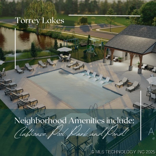 community pool featuring a patio area, a water view, and fence