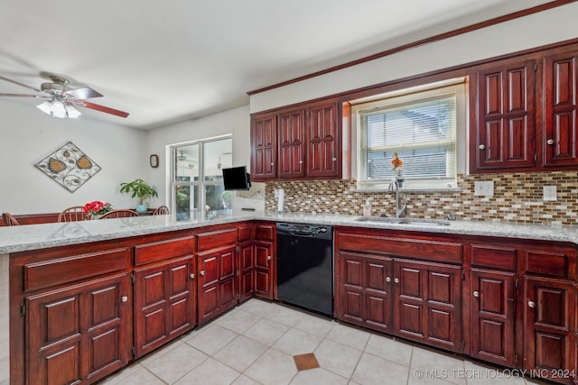 kitchen with black dishwasher, kitchen peninsula, sink, light tile patterned floors, and tasteful backsplash