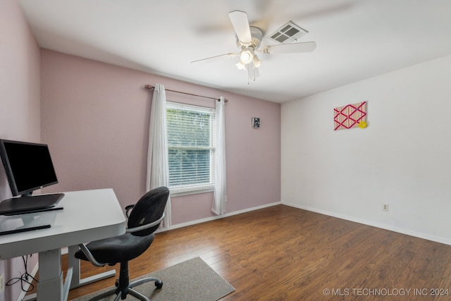 office space featuring ceiling fan and wood-type flooring