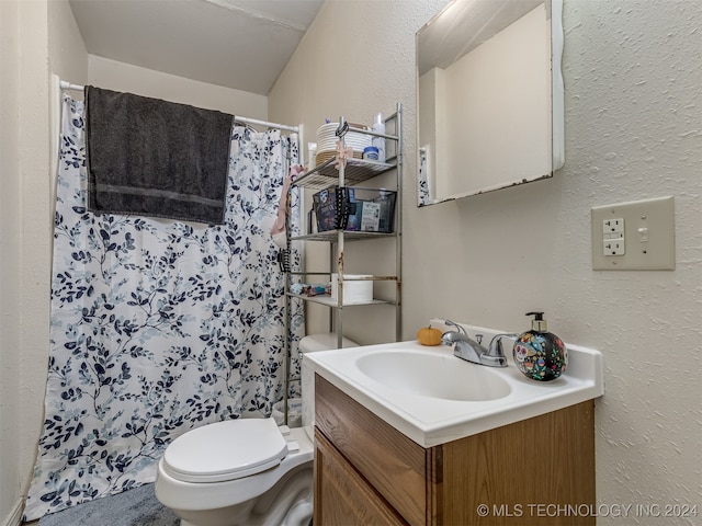 bathroom with toilet, vanity, and a shower with curtain