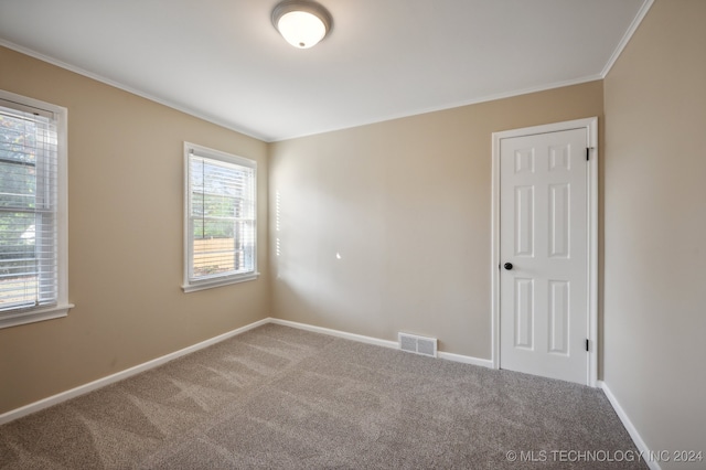 carpeted spare room with ornamental molding