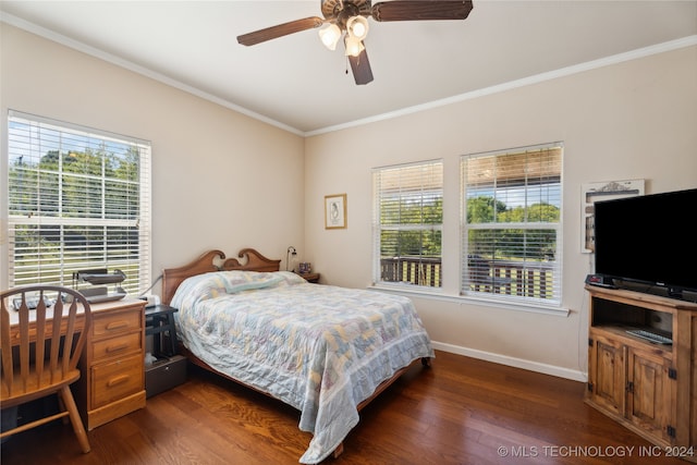 bedroom featuring multiple windows, ceiling fan, dark wood-type flooring, and ornamental molding