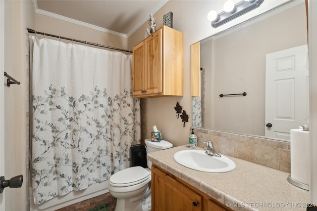 full bathroom featuring shower / bath combination with curtain, tasteful backsplash, ornamental molding, vanity, and toilet