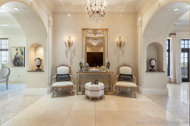 living area with ornamental molding and light tile patterned floors