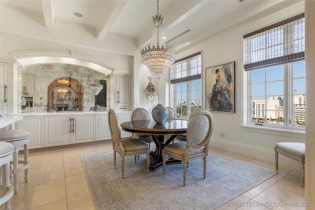 dining room featuring a wealth of natural light, beamed ceiling, a chandelier, and light tile patterned floors