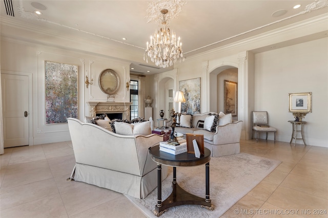 living room featuring an inviting chandelier, crown molding, and light tile patterned floors