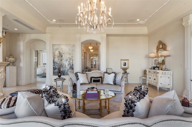 tiled living room with ornamental molding and a chandelier