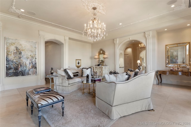 tiled living room featuring crown molding