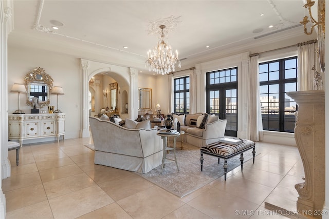 living room featuring french doors, crown molding, a notable chandelier, and light tile patterned floors