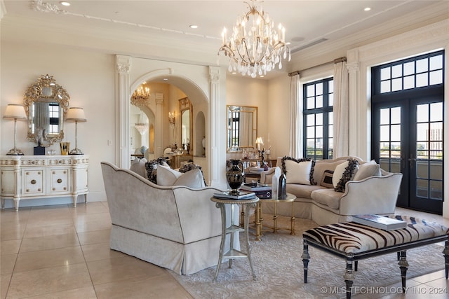 living room featuring french doors, a high ceiling, crown molding, and light tile patterned floors