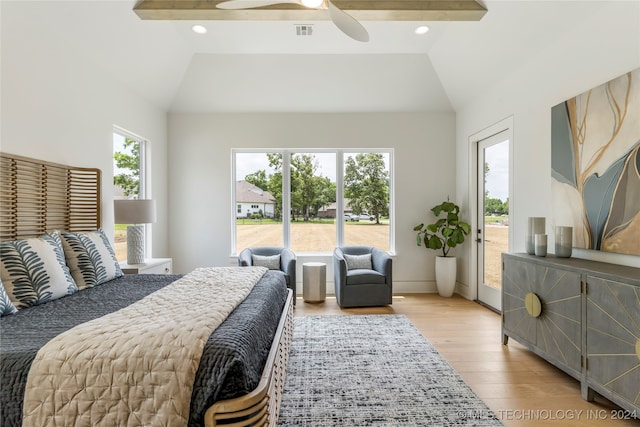 bedroom featuring beam ceiling, ceiling fan, access to outside, high vaulted ceiling, and light wood-type flooring