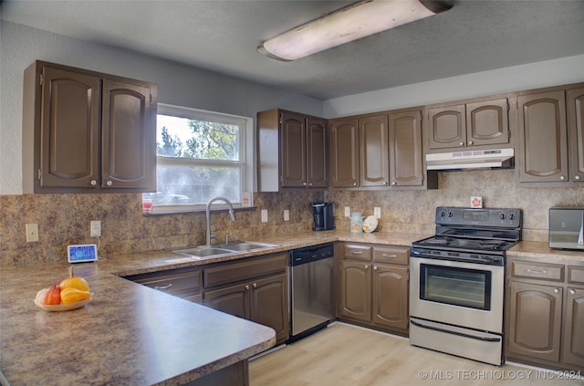 kitchen featuring tasteful backsplash, sink, light hardwood / wood-style flooring, appliances with stainless steel finishes, and a textured ceiling