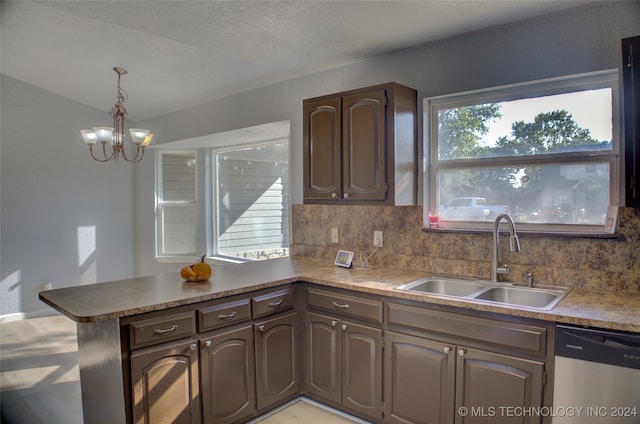 kitchen featuring dark brown cabinetry, kitchen peninsula, sink, stainless steel dishwasher, and decorative backsplash