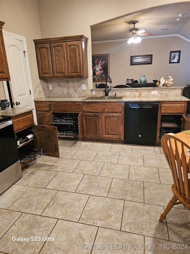 kitchen with tasteful backsplash, sink, dishwasher, ceiling fan, and stainless steel stove