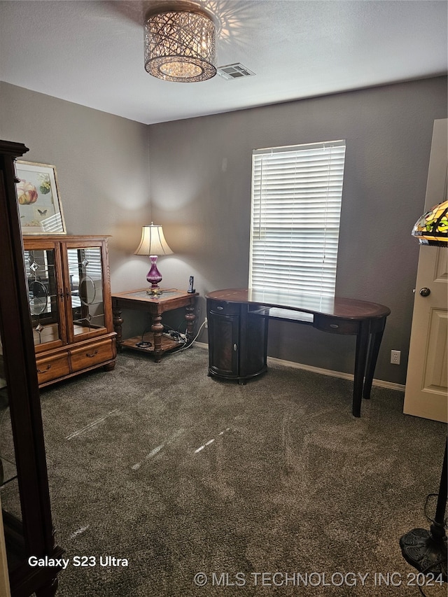 misc room featuring dark colored carpet