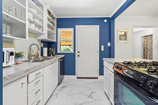 kitchen with stainless steel dishwasher, black gas range, sink, white cabinetry, and ornamental molding