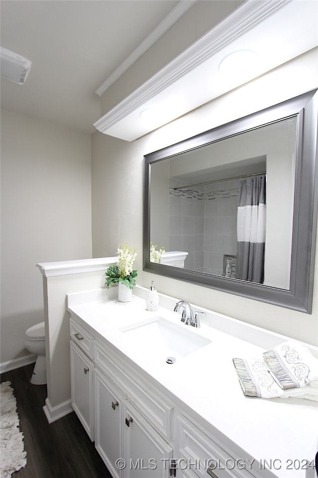 bathroom with vanity, curtained shower, toilet, and wood-type flooring