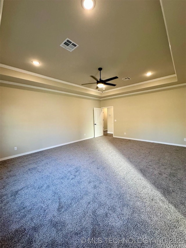 spare room featuring a tray ceiling, carpet floors, and ceiling fan