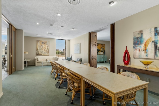 carpeted dining space featuring a textured ceiling