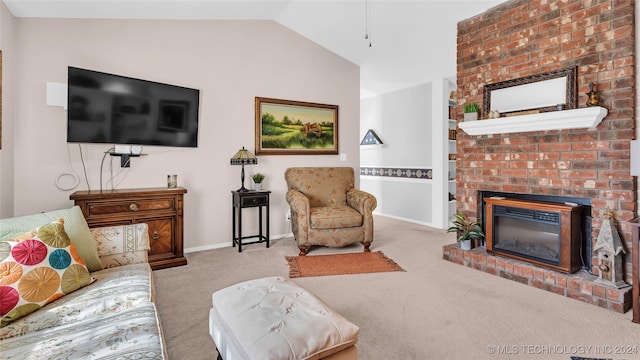 living room with a brick fireplace, light colored carpet, and vaulted ceiling