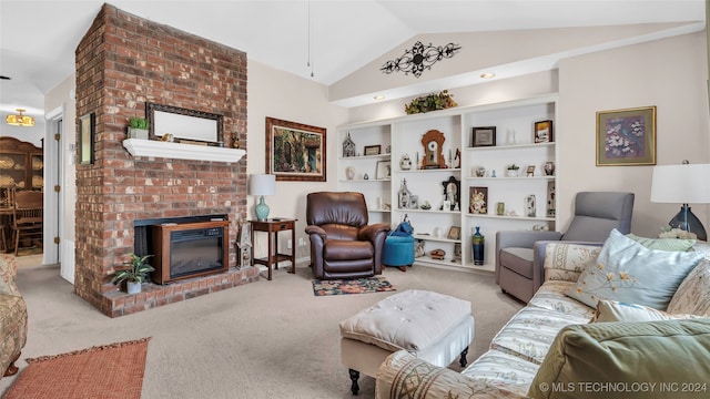 carpeted living room with a fireplace, built in features, and vaulted ceiling