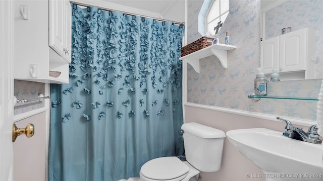 bathroom featuring ornamental molding, sink, a shower with curtain, and toilet