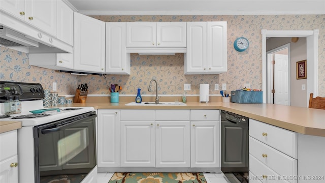 kitchen with white cabinets, white electric range oven, sink, and exhaust hood