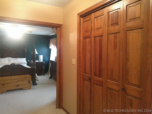 hall with a textured ceiling and carpet flooring