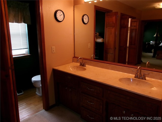 bathroom with vanity, wood-type flooring, and toilet