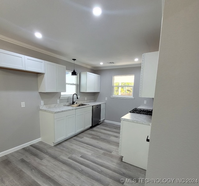 kitchen with white cabinets, decorative light fixtures, sink, and stainless steel dishwasher