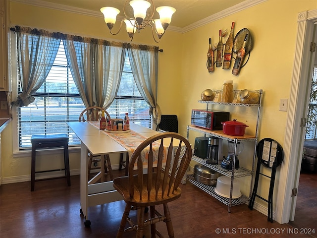 dining space featuring dark hardwood / wood-style floors, a healthy amount of sunlight, and ornamental molding