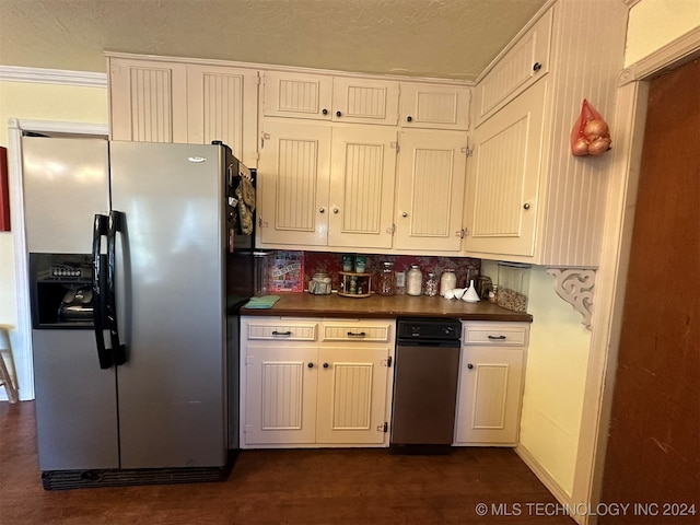 kitchen with stainless steel fridge with ice dispenser, tasteful backsplash, and crown molding