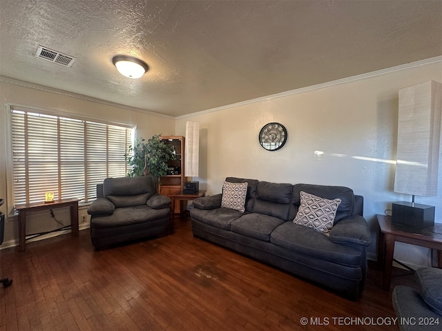 living room featuring a textured ceiling, ornamental molding, and dark wood-type flooring