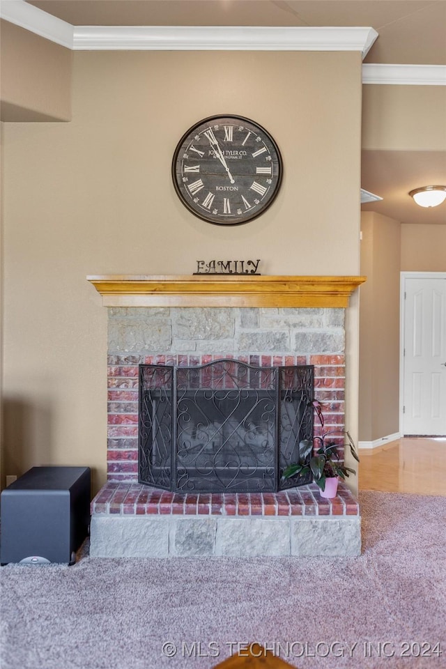 interior details featuring ornamental molding and a fireplace