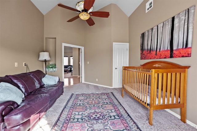 bedroom with carpet floors, high vaulted ceiling, and ceiling fan