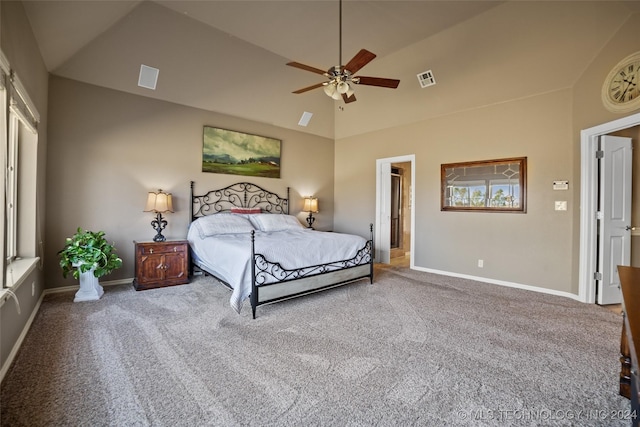 bedroom with carpet, high vaulted ceiling, and ceiling fan