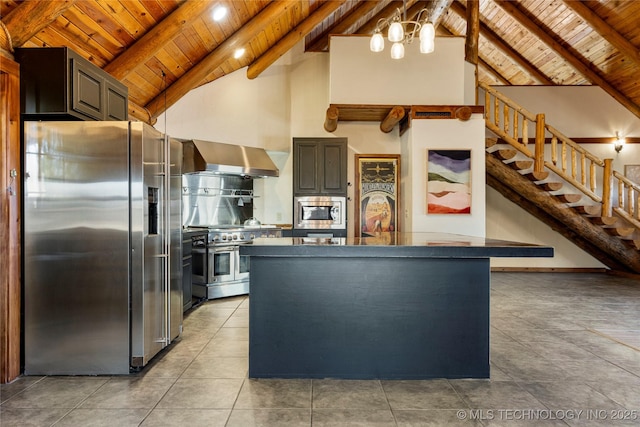 kitchen featuring wood ceiling, appliances with stainless steel finishes, high vaulted ceiling, wall chimney exhaust hood, and beamed ceiling