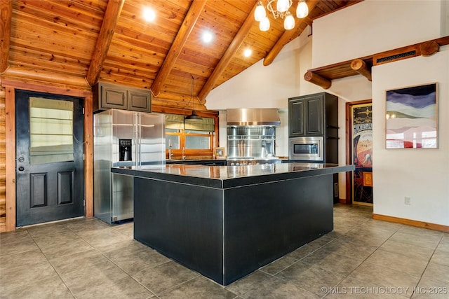 kitchen featuring appliances with stainless steel finishes, beam ceiling, a center island, wooden ceiling, and wall chimney exhaust hood