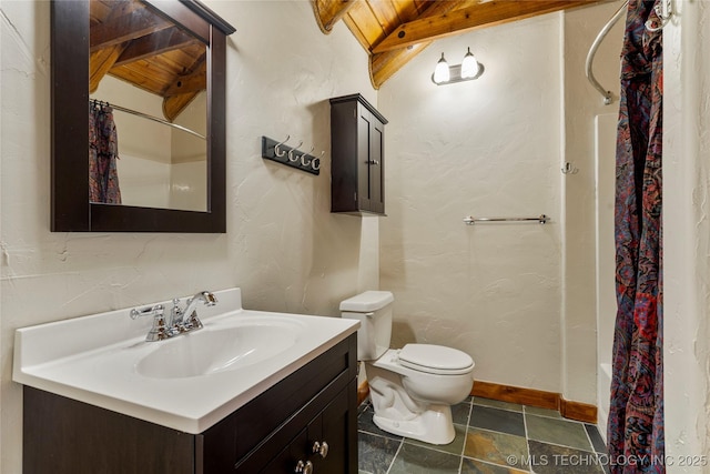 full bathroom with toilet, wood ceiling, shower / tub combo, lofted ceiling with beams, and vanity