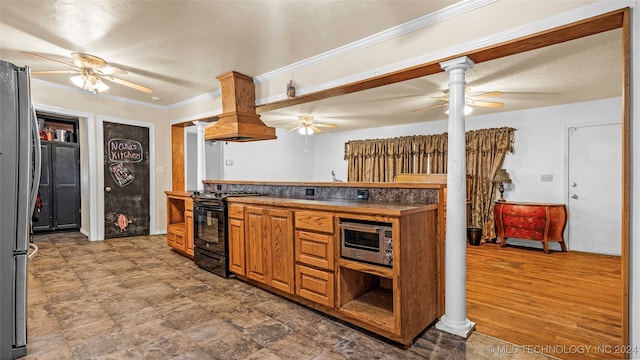 kitchen with hardwood / wood-style flooring, black range with electric cooktop, ornamental molding, stainless steel fridge, and custom exhaust hood