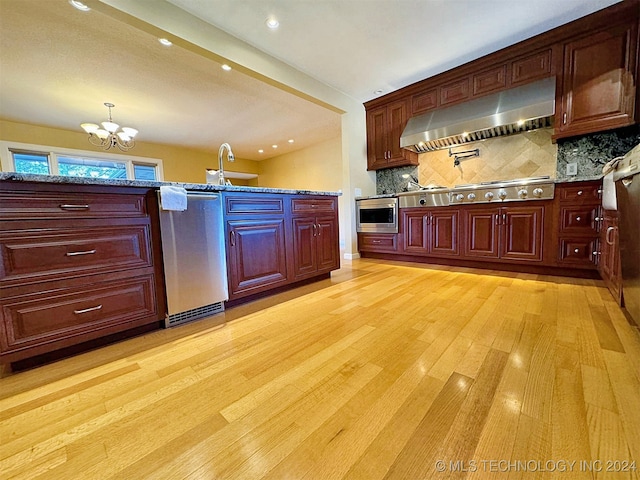 kitchen with exhaust hood, light hardwood / wood-style flooring, stainless steel appliances, and backsplash