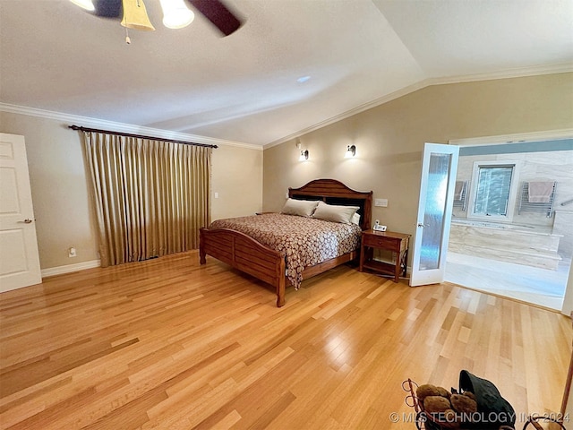 bedroom featuring lofted ceiling, hardwood / wood-style floors, ceiling fan, access to exterior, and crown molding