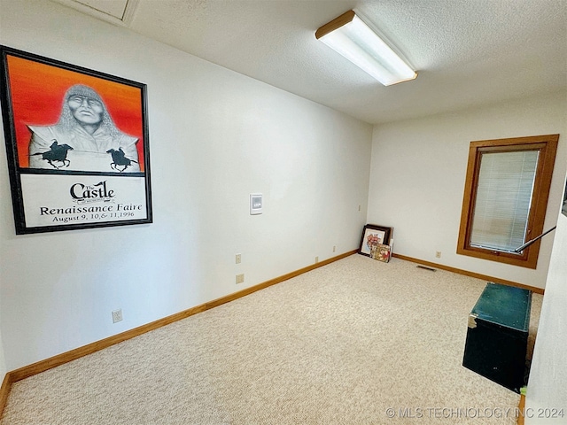 carpeted empty room with a textured ceiling