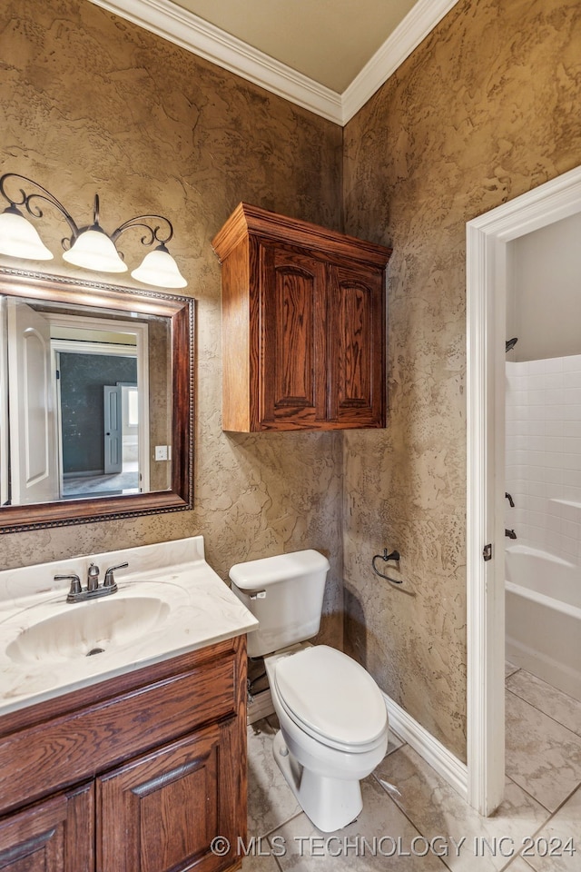 full bathroom featuring vanity, crown molding, toilet, and shower / bathtub combination