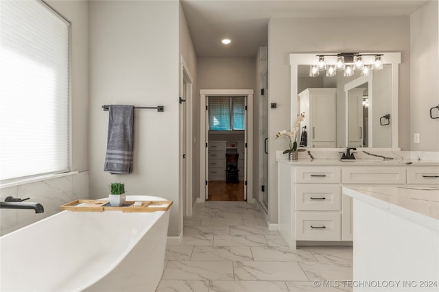 bathroom with vanity and separate shower and tub