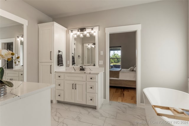 bathroom with vanity, wood-type flooring, and a tub