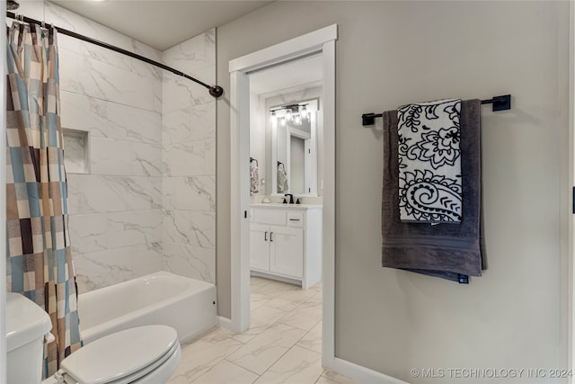 full bathroom with vanity, toilet, and shower / bathtub combination with curtain