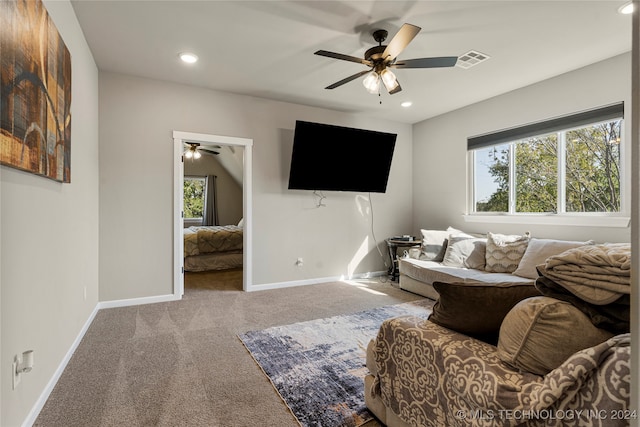 living room with carpet, ceiling fan, and plenty of natural light