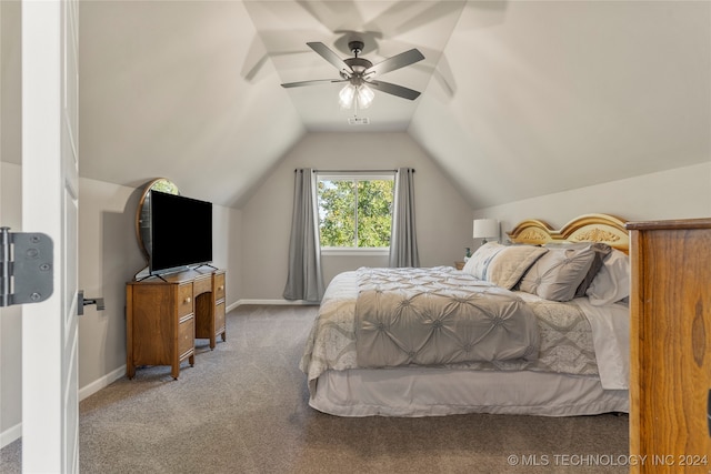 carpeted bedroom featuring ceiling fan and lofted ceiling