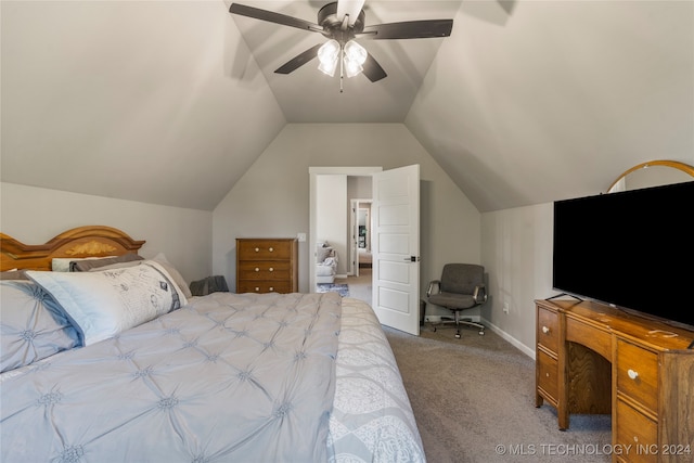 bedroom featuring ceiling fan, light carpet, and vaulted ceiling